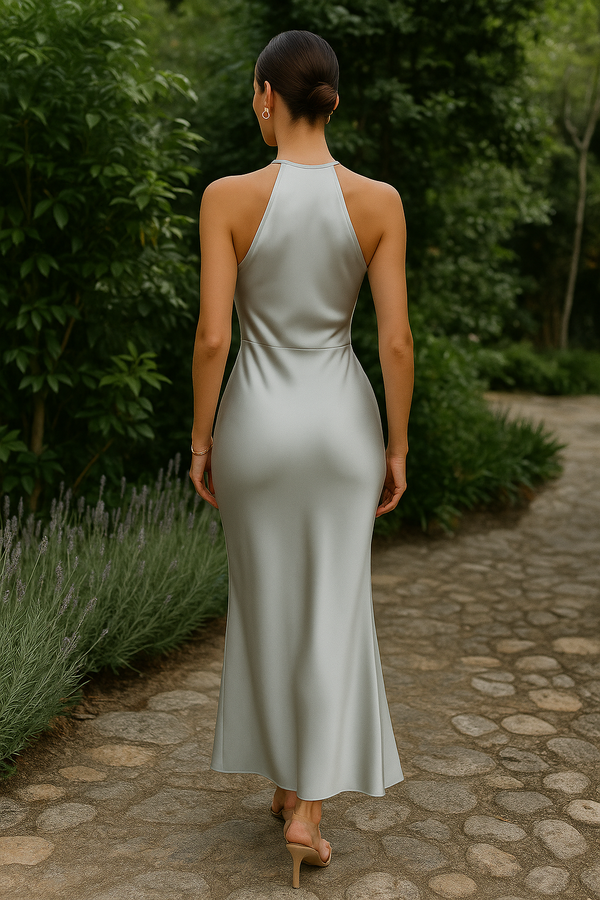 Zilveren Satijnen Halter Maxi-jurk met Luxe Uitstraling