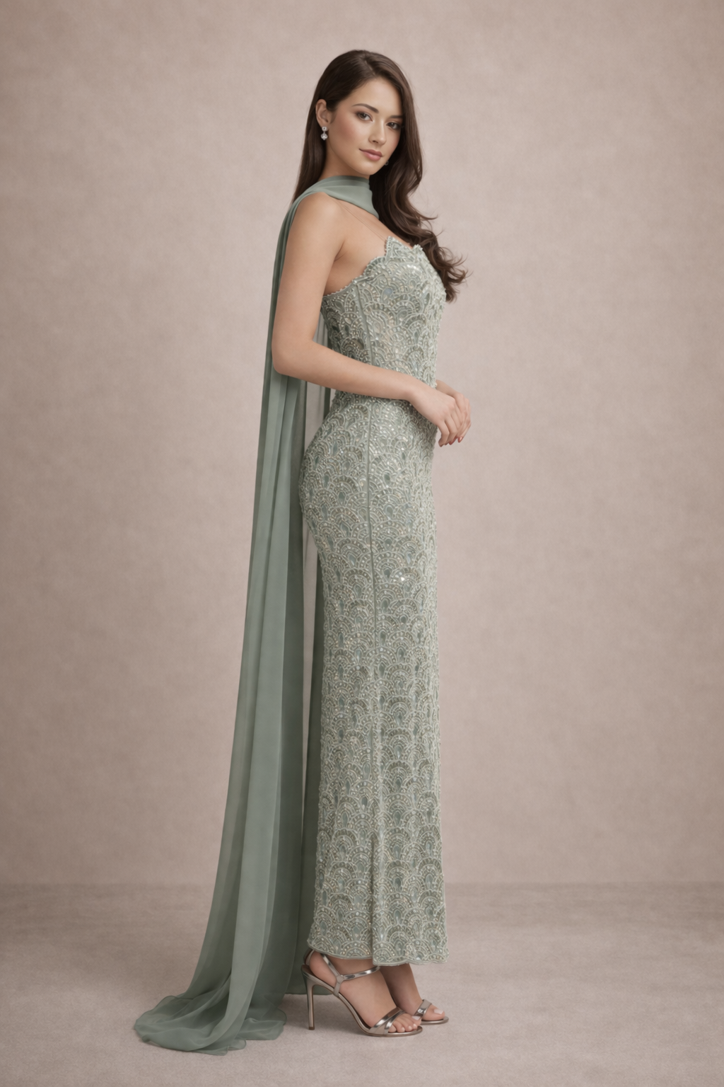 Woman wearing a long green dress with a cape against a beige background